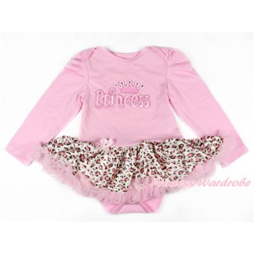 Light Pink Long Sleeve Baby Bodysuit Jumpsuit Light Pink Leopard Pettiskirt With Princess Print JS2605 