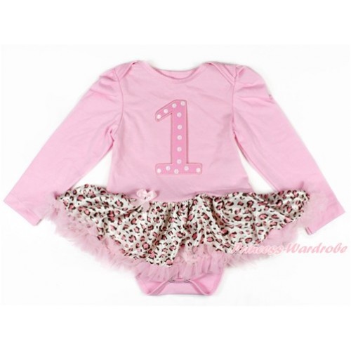 Light Pink Long Sleeve Baby Bodysuit Jumpsuit Light Pink Leopard Pettiskirt With 1st Light Pink White Dots Birthday Number Print JS2606 