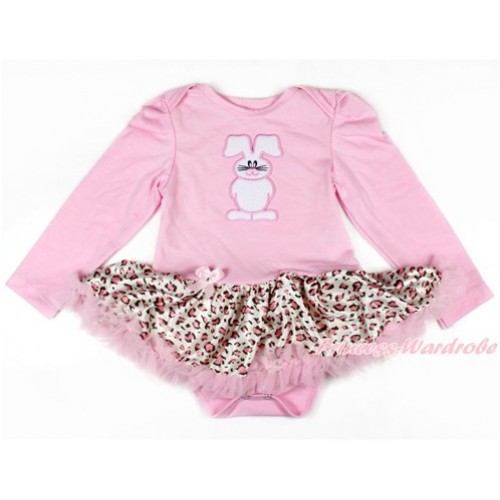 Light Pink Long Sleeve Baby Bodysuit Jumpsuit Light Pink Leopard Pettiskirt With Bunny Rabbit Print JS2609 