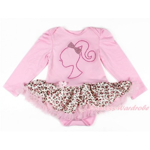 Xmas Light Pink Long Sleeve Baby Bodysuit Jumpsuit Light Pink Leopard Pettiskirt With Sparkle Crystal Bling Rhinestone Barbie Princess Print JS2610 