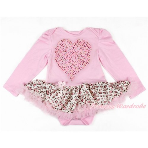 Xmas Light Pink Long Sleeve Baby Bodysuit Jumpsuit Light Pink Leopard Pettiskirt With Sparkle Crystal Bling Rhinestone Rainbow Heart Print JS2611 