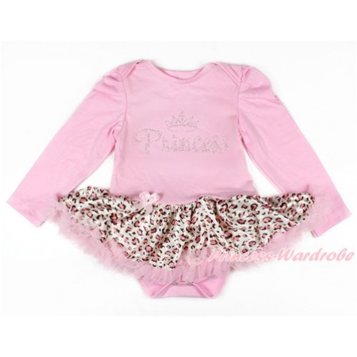 Xmas Light Pink Long Sleeve Baby Bodysuit Jumpsuit Light Pink Leopard Pettiskirt With Sparkle Crystal Bling Rhinestone Princess Print JS2612 