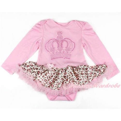 Xmas Light Pink Long Sleeve Baby Bodysuit Jumpsuit Light Pink Leopard Pettiskirt With Sparkle Crystal Bling Rhinestone Crown Print JS2614 