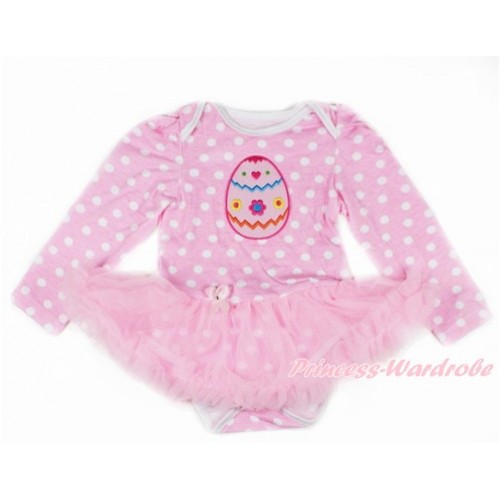 Light Pink White Dots Long Sleeve Baby Bodysuit Jumpsuit Light Pink Pettiskirt With Easter Egg Print JS2617 