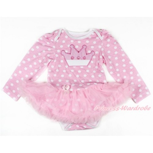 Light Pink White Dots Long Sleeve Baby Bodysuit Jumpsuit Light Pink Pettiskirt With Crown Print JS2618 