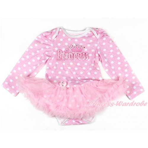 Light Pink White Dots Long Sleeve Baby Bodysuit Jumpsuit Light Pink Pettiskirt With Princess Print JS2619 