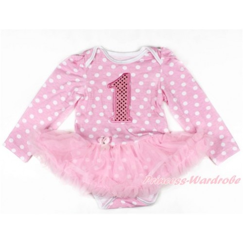 Light Pink White Dots Long Sleeve Baby Bodysuit Jumpsuit Light Pink Pettiskirt With 1st Sparkle Light Pink Birthday Number Print JS2620 