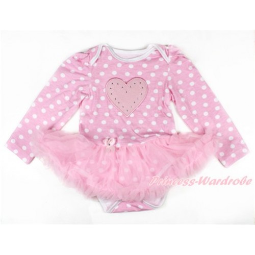 Light Pink White Dots Long Sleeve Baby Bodysuit Jumpsuit Light Pink Pettiskirt With Light Pink Heart Print JS2621 