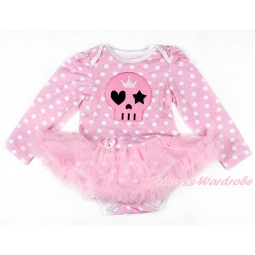 Light Pink White Dots Long Sleeve Baby Bodysuit Jumpsuit Light Pink Pettiskirt With Light Pink Skeleton Print JS2622 