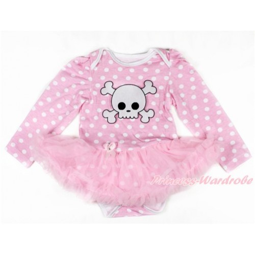 Light Pink White Dots Long Sleeve Baby Bodysuit Jumpsuit Light Pink Pettiskirt With White Skeleton Print JS2625 