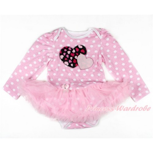 Valentine's Day Light Pink White Dots Long Sleeve Baby Bodysuit Jumpsuit Light Pink Pettiskirt With Light Pink Sweet Twin Heart Print JS2626 