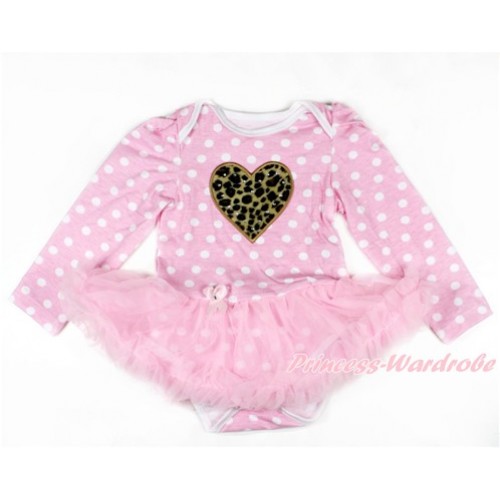 Light Pink White Dots Long Sleeve Baby Bodysuit Jumpsuit Light Pink Pettiskirt With Leopard Heart Print JS2628 