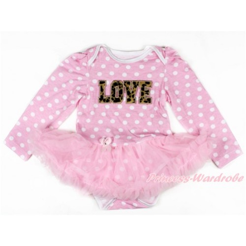 Light Pink White Dots Long Sleeve Baby Bodysuit Jumpsuit Light Pink Pettiskirt With Leopard LOVE Print JS2629 