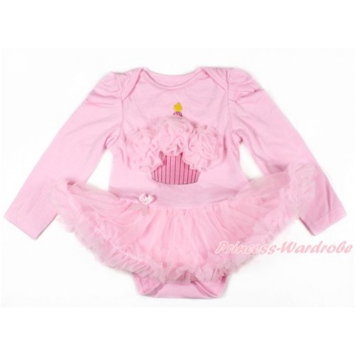 Light Pink Long Sleeve Baby Bodysuit Jumpsuit Light Pink Pettiskirt With Light Pink Rosettes Birthday Cake Print JS2631 