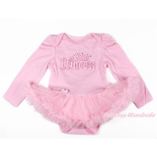 Light Pink Long Sleeve Baby Bodysuit Jumpsuit Light Pink Pettiskirt With Princess Print JS2632 