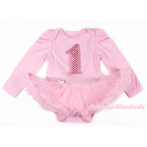 Light Pink Long Sleeve Baby Bodysuit Jumpsuit Light Pink Pettiskirt With 1st Sparkle Light Pink Birthday Number Print JS2634 