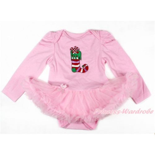 Xmas Light Pink Long Sleeve Baby Bodysuit Jumpsuit Light Pink Pettiskirt With Christmas Stocking Print JS2635 