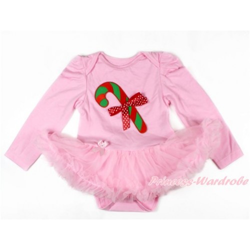 Xmas Light Pink Long Sleeve Baby Bodysuit Jumpsuit Light Pink Pettiskirt With Christmas Stick Print & Minnie Dots Bow JS2638 