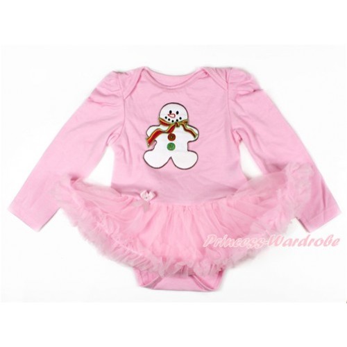 Xmas Light Pink Long Sleeve Baby Bodysuit Jumpsuit Light Pink Pettiskirt With Christmas Gingerbread Snowman Print JS2639 