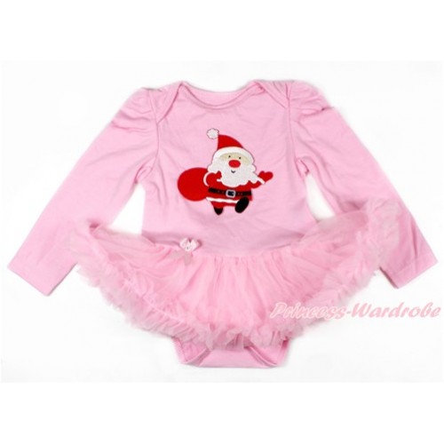 Xmas Light Pink Long Sleeve Baby Bodysuit Jumpsuit Light Pink Pettiskirt With Gift Bag Santa Claus Print JS2640 