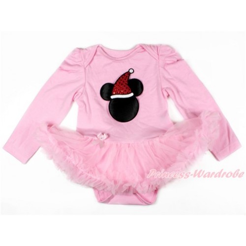 Xmas Light Pink Long Sleeve Baby Bodysuit Jumpsuit Light Pink Pettiskirt With Christmas Minnie Print JS2641 