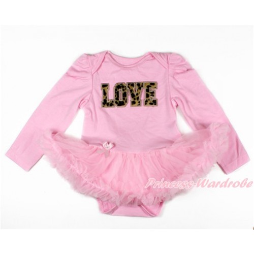 Light Pink Long Sleeve Baby Bodysuit Jumpsuit Light Pink Pettiskirt With Leopard LOVE Print JS2643 