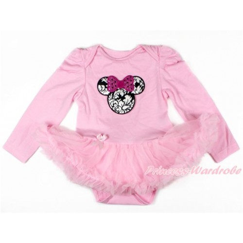 Light Pink Long Sleeve Baby Bodysuit Jumpsuit Light Pink Pettiskirt With Sparkle Hot Pink Damask Minnie Print JS2644 