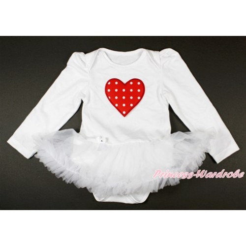 White Long Sleeve Baby Bodysuit Jumpsuit White Pettiskirt With Red White Dots Heart Print JS2647 