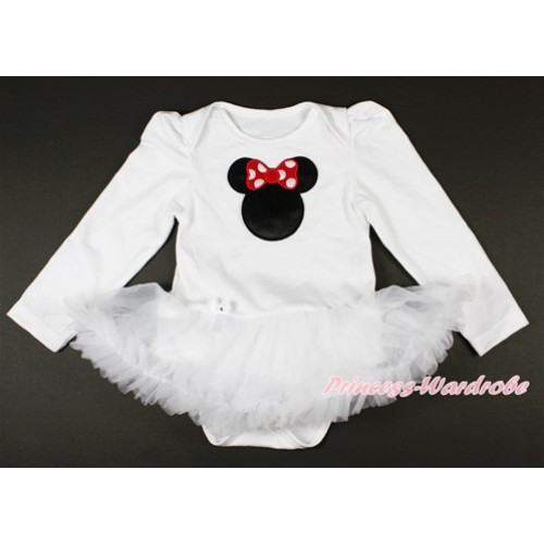 White Long Sleeve Baby Bodysuit Jumpsuit White Pettiskirt With Minnie Print JS2648 