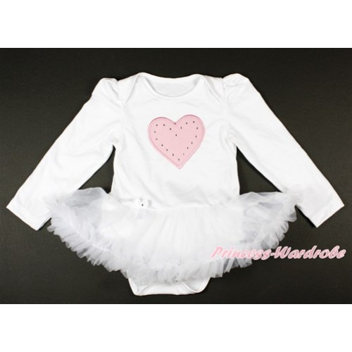 White Long Sleeve Baby Bodysuit Jumpsuit White Pettiskirt With Light Pink Heart Print JS2652 