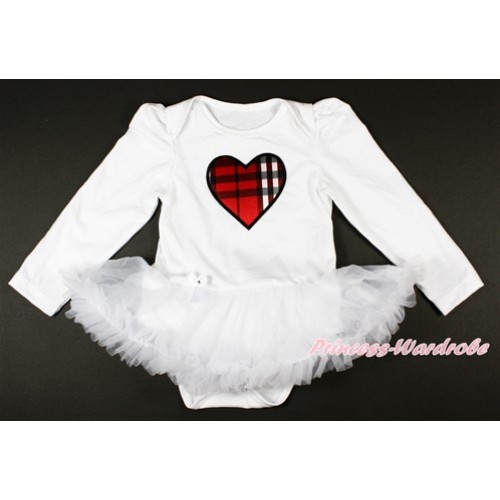 White Long Sleeve Baby Bodysuit Jumpsuit White Pettiskirt With Red Black Checked Heart Print JS2653 