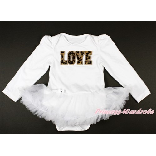 White Long Sleeve Baby Bodysuit Jumpsuit White Pettiskirt With Leopard LOVE Print JS2656 