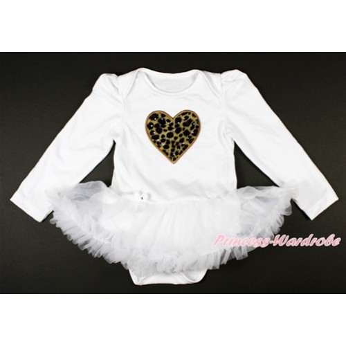 White Long Sleeve Baby Bodysuit Jumpsuit White Pettiskirt With Leopard Heart Print JS2657 