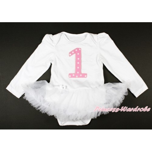 White Long Sleeve Baby Bodysuit Jumpsuit White Pettiskirt With 1st Light Pink White Dots Birthday Number Print JS2658 