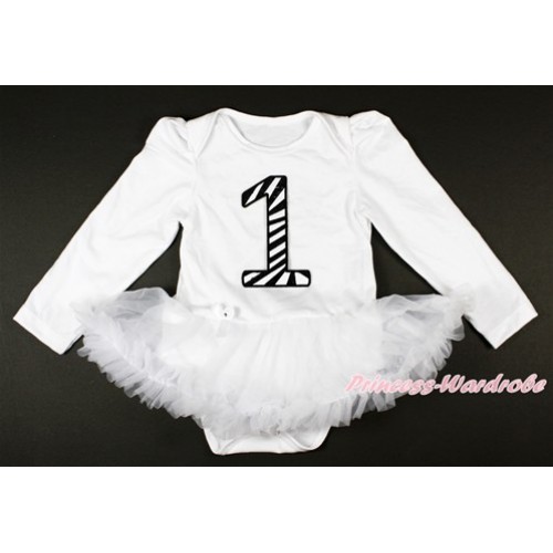 White Long Sleeve Baby Bodysuit Jumpsuit White Pettiskirt With 1st Zebra Birthday Number Print JS2659 