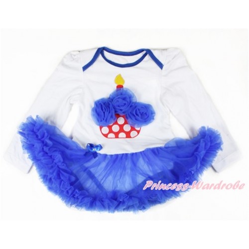 White Long Sleeve Baby Bodysuit Jumpsuit Royal Blue Pettiskirt With Royal Blue Rosettes Minnie Dots Birthday Cake Print JS2665 