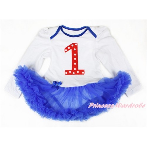 White Long Sleeve Baby Bodysuit Jumpsuit Royal Blue Pettiskirt With 1st Red White Dots Birthday Number Print JS2666 