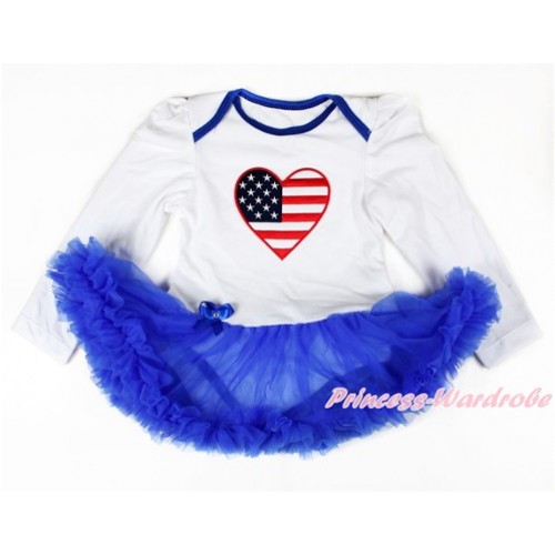 White Long Sleeve Baby Bodysuit Jumpsuit Royal Blue Pettiskirt With Patriotic America Heart Print JS2668 