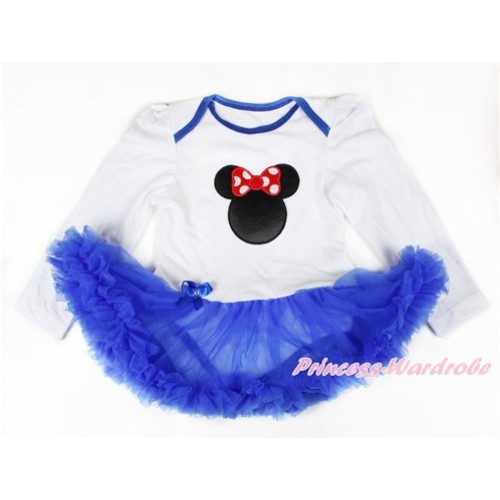 White Long Sleeve Baby Bodysuit Jumpsuit Royal Blue Pettiskirt With Minnie Print JS2676 