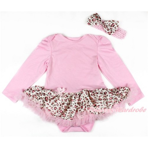 Light Pink Long Sleeve Baby Bodysuit Jumpsuit Light Pink Leopard Pettiskirt With Light Pink Headband Light Pink Leopard Satin Bow JS2678 