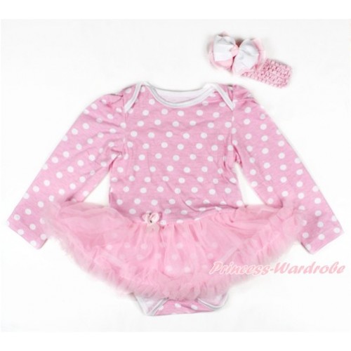 Light Pink White Dots Long Sleeve Baby Bodysuit Jumpsuit Light Pink Pettiskirt With Light Pink Headband White Light Pink White Dots Ribbon Bow JS2679 