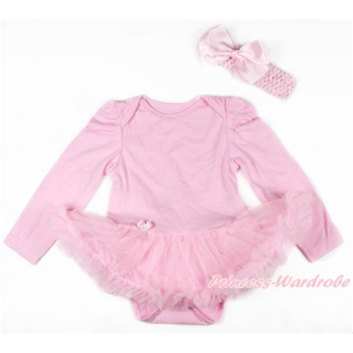 Light Pink Long Sleeve Baby Bodysuit Jumpsuit Light Pink Pettiskirt With Light Pink Headband Light Pink Silk Bow JS2680 