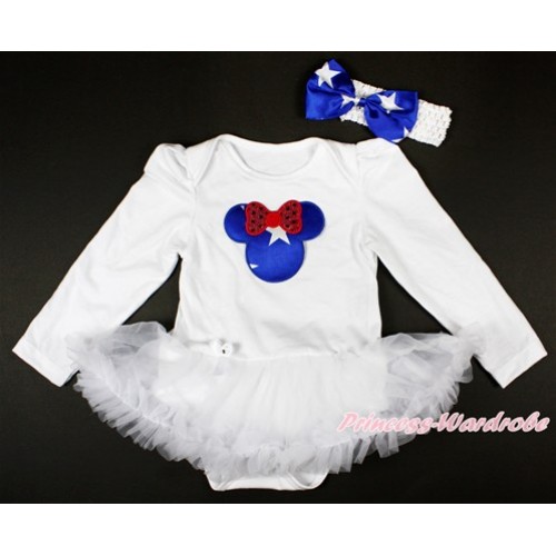 White Long Sleeve Baby Bodysuit Jumpsuit White Pettiskirt With Patriotic American Minnie Print & White Headband American Stars Satin Bow JS2746 