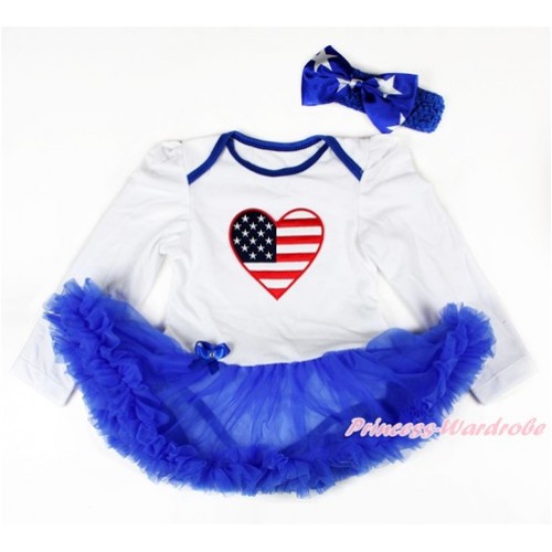 White Long Sleeve Baby Bodysuit Jumpsuit Royal Blue Pettiskirt With Patriotic America Heart Print & Royal Blue Headband American Star Satin Bow JS2754 