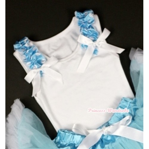 White Tank Top with Light Blue White Dots Ruffles and White Bow T475 