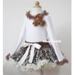 Cream White Leopard Pettiskirt with Matching White Long Sleeves Top with Bunch of Brown Satin Rosettes & Brown Lacing MW87 