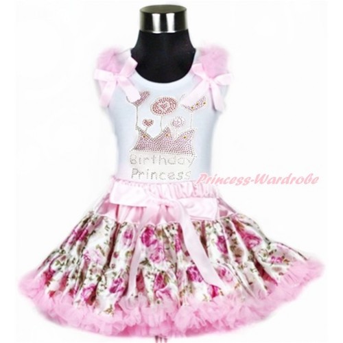 White Tank Top with Light Pink Ruffles & Light Pink Bow with Sparkle Crystal Bling Rhinestone Birthday Princess Print & Light Pink Rose Fusion Pettiskirt MG906 