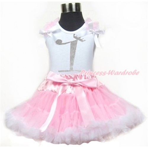 White Tank Top With Light Pink Ruffles & White Bows With 1st Sparkle Crystal Bling Rhinestone Birthday Number Print & Light Pink White Pettiskirt MG910 