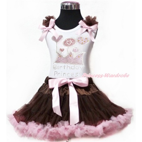 White Tank Top With Brown Ruffles & Light Pink Bows with Sparkle Crystal Bling Rhinestone Birthday Princess Print with Brown Light Pink Pettiskirt MG917 