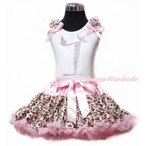 White Tank Top with Light Pink Leopard Ruffles & Light Pink Bows with 1st Sparkle Crystal Bling Rhinestone Birthday Number Print With Light Pink Leopard Pettiskirt MG921 